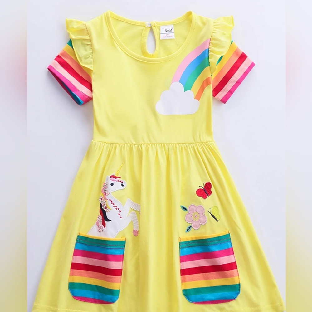 Yellow cute cartoon unicorn toddler dress .size 2- 3 years